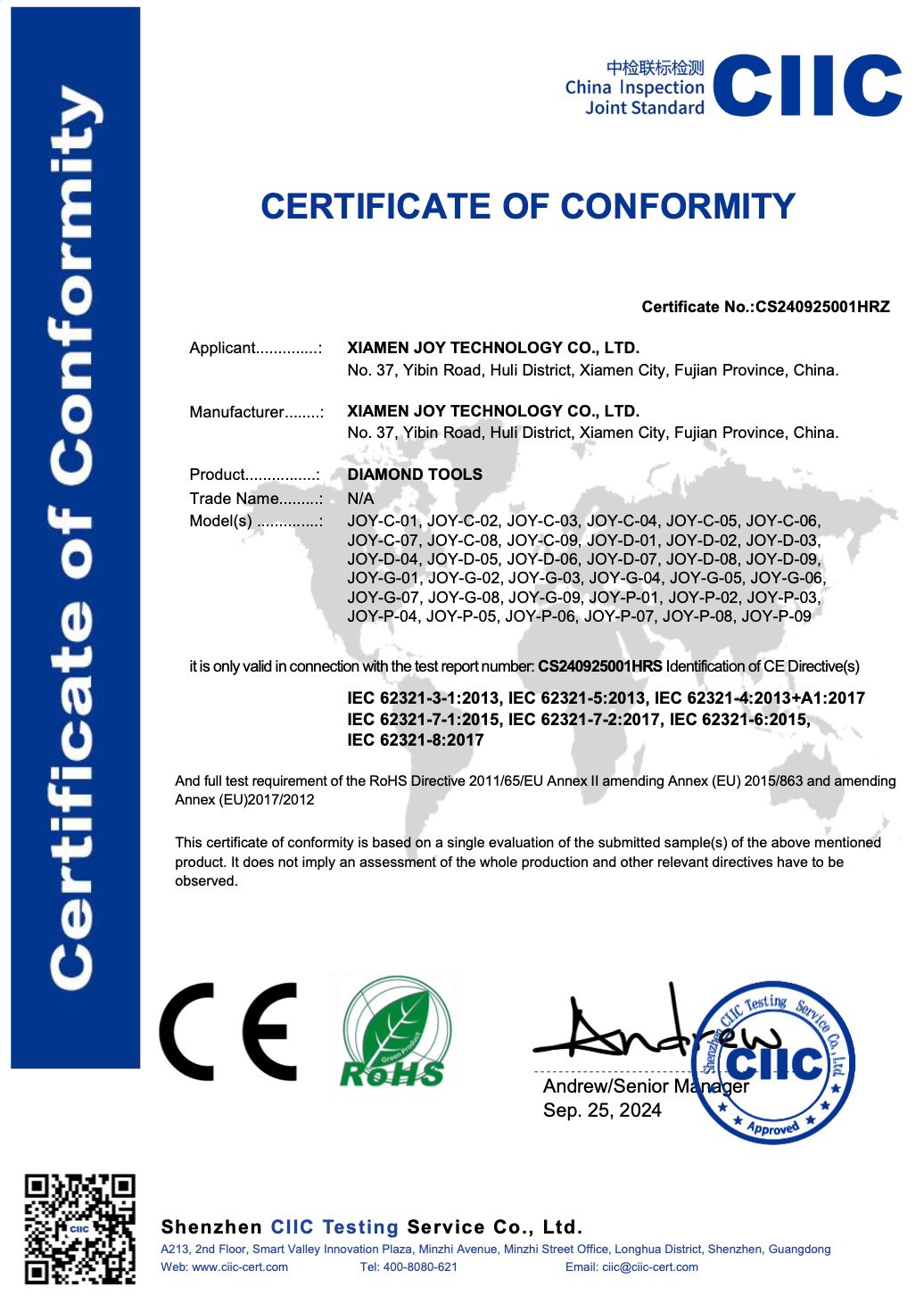 CE RoHS Certificate of Conformity - Diamond Tools