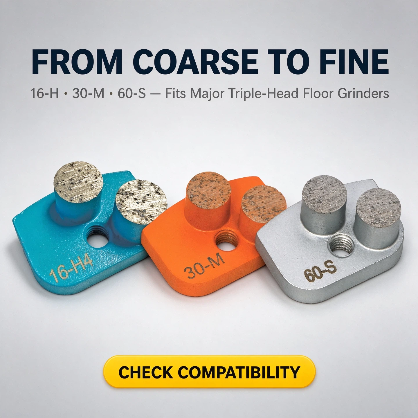 16-H · 30-M · 60-S diamond grinding segments for triple-head floor grinders